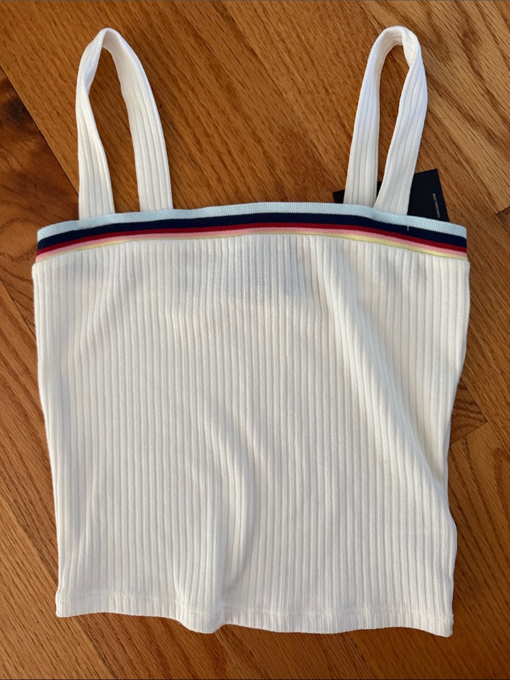 Forever 21 White Ribbed Cropped Camisole with Multicolor Stripe